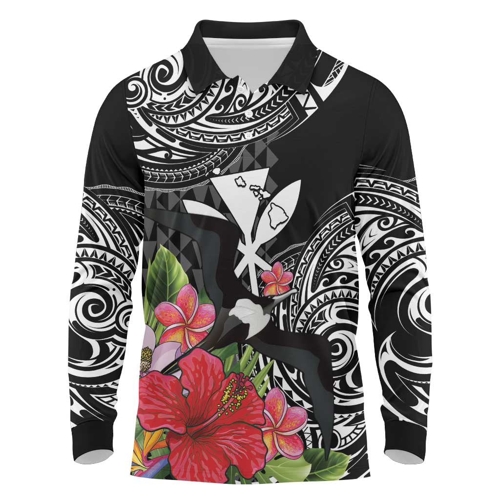 Hawaii Iwa Bird Long Sleeve Polo Shirt Great Frigatebird Kanaka Tropical Flowers LT14 Black - Polynesian Pride