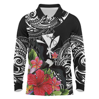 Hawaii Iwa Bird Long Sleeve Polo Shirt Great Frigatebird Kanaka Tropical Flowers LT14 Black - Polynesian Pride