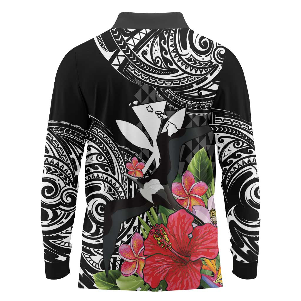 Hawaii Iwa Bird Long Sleeve Polo Shirt Great Frigatebird Kanaka Tropical Flowers LT14 - Polynesian Pride