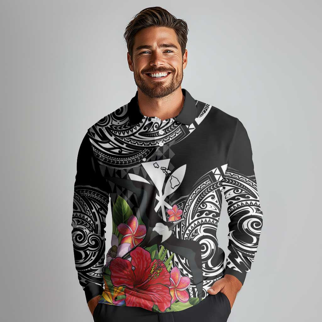 Hawaii Iwa Bird Long Sleeve Polo Shirt Great Frigatebird Kanaka Tropical Flowers LT14 - Polynesian Pride