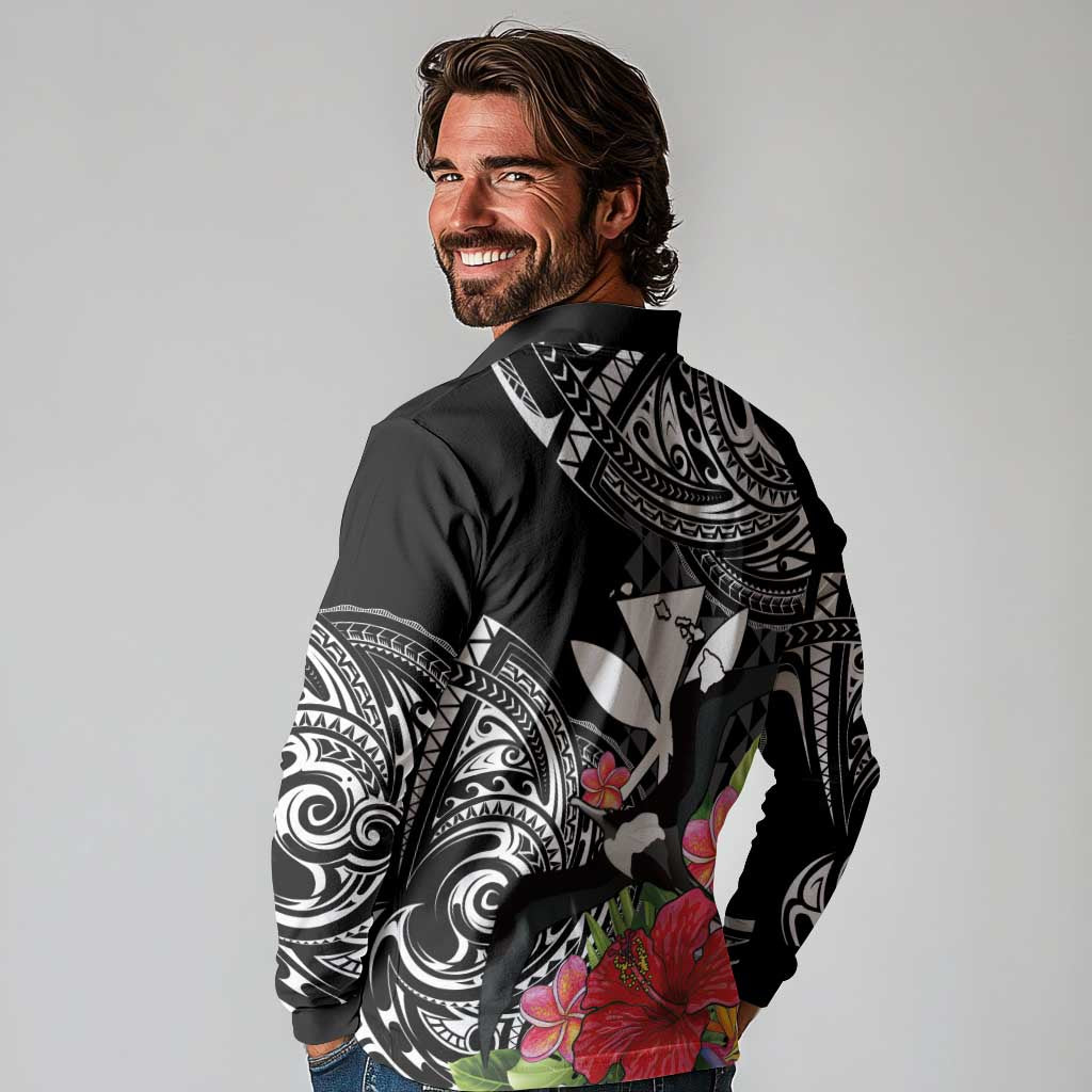 Hawaii Iwa Bird Long Sleeve Polo Shirt Great Frigatebird Kanaka Tropical Flowers LT14 - Polynesian Pride