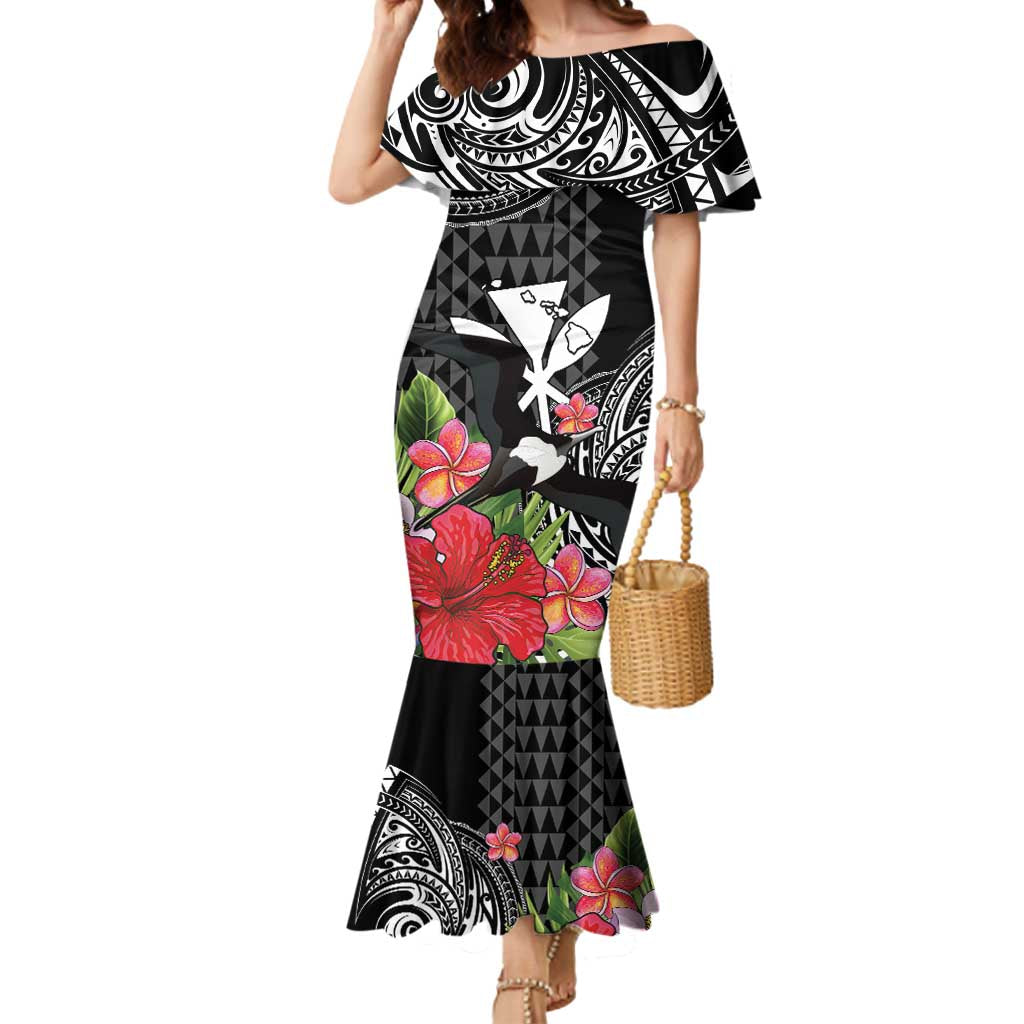 Hawaii Iwa Bird Mermaid Dress Great Frigatebird Kanaka Tropical Flowers LT14 Women Black - Polynesian Pride