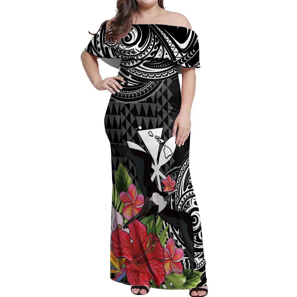 Hawaii Iwa Bird Off Shoulder Maxi Dress Great Frigatebird Kanaka Tropical Flowers LT14 Women Black - Polynesian Pride