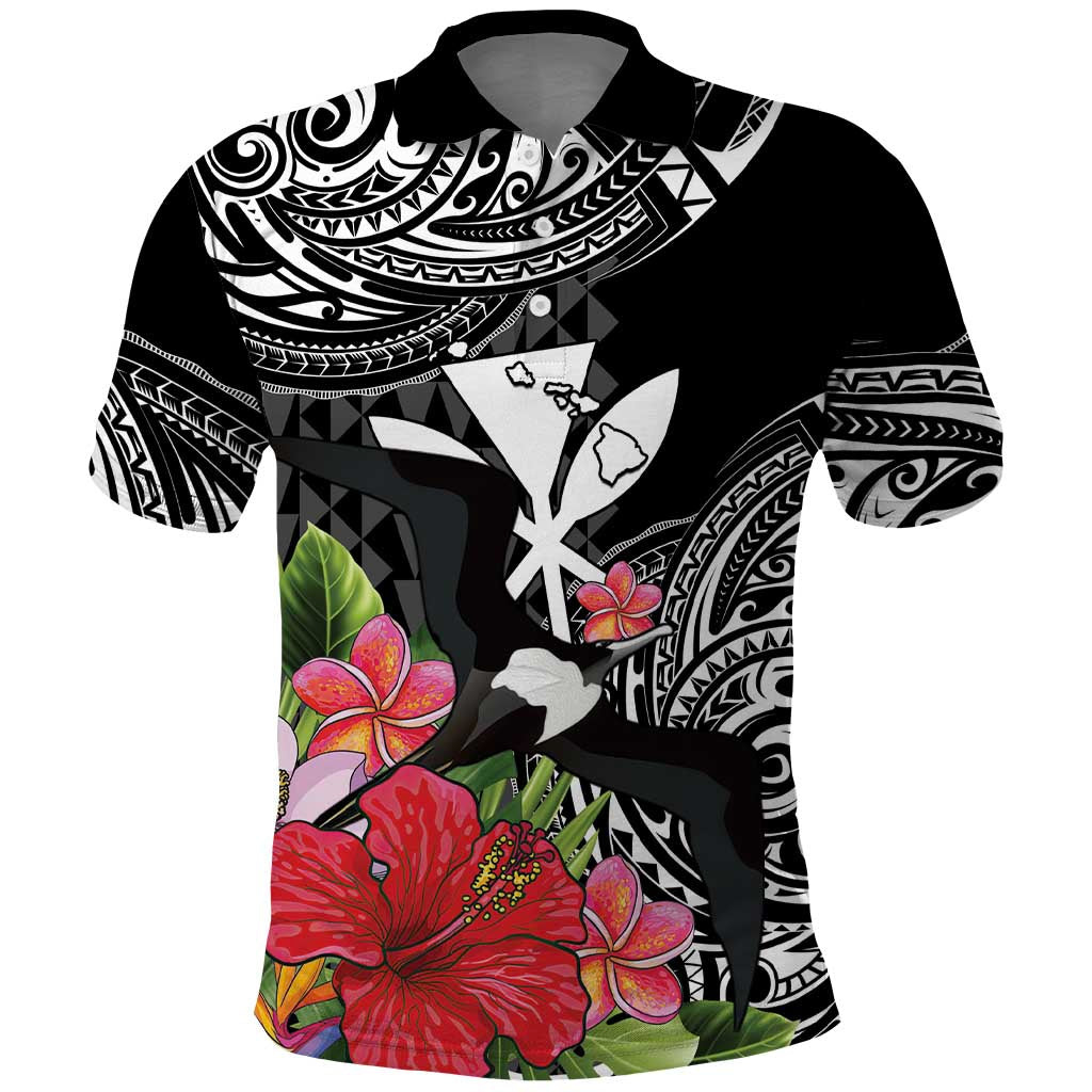 Hawaii Iwa Bird Polo Shirt Great Frigatebird Kanaka Tropical Flowers LT14 Black - Polynesian Pride