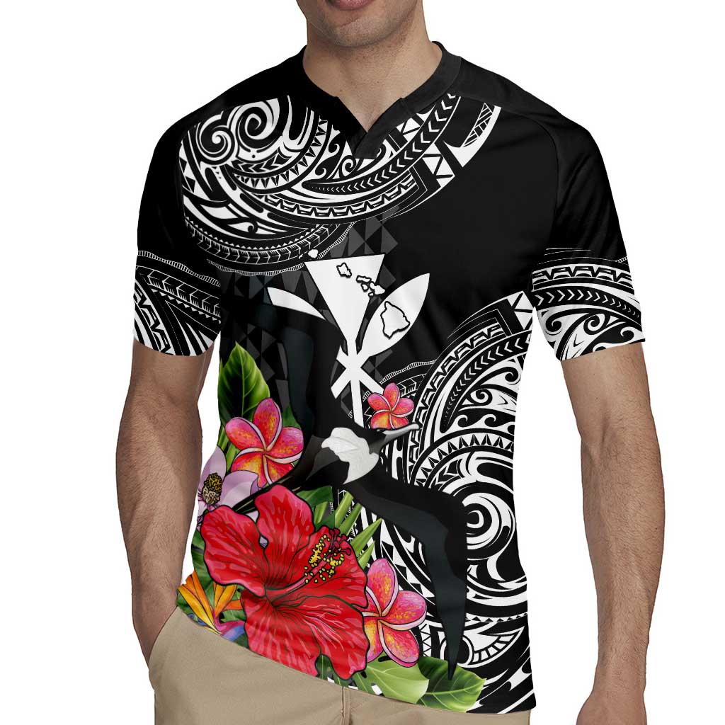 Hawaii Iwa Bird Rugby Jersey Great Frigatebird Kanaka Tropical Flowers - Polynesian Pride