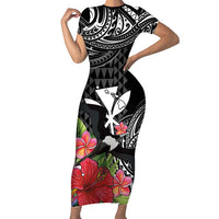 Hawaii Iwa Bird Short Sleeve Bodycon Dress Great Frigatebird Kanaka Tropical Flowers LT14 Long Dress Black - Polynesian Pride