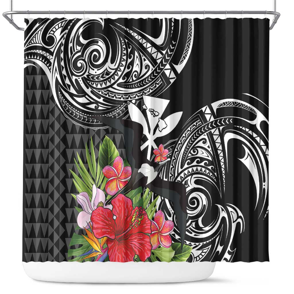 Hawaii Iwa Bird Shower Curtain Great Frigatebird Kanaka Tropical Flowers LT14 Black - Polynesian Pride