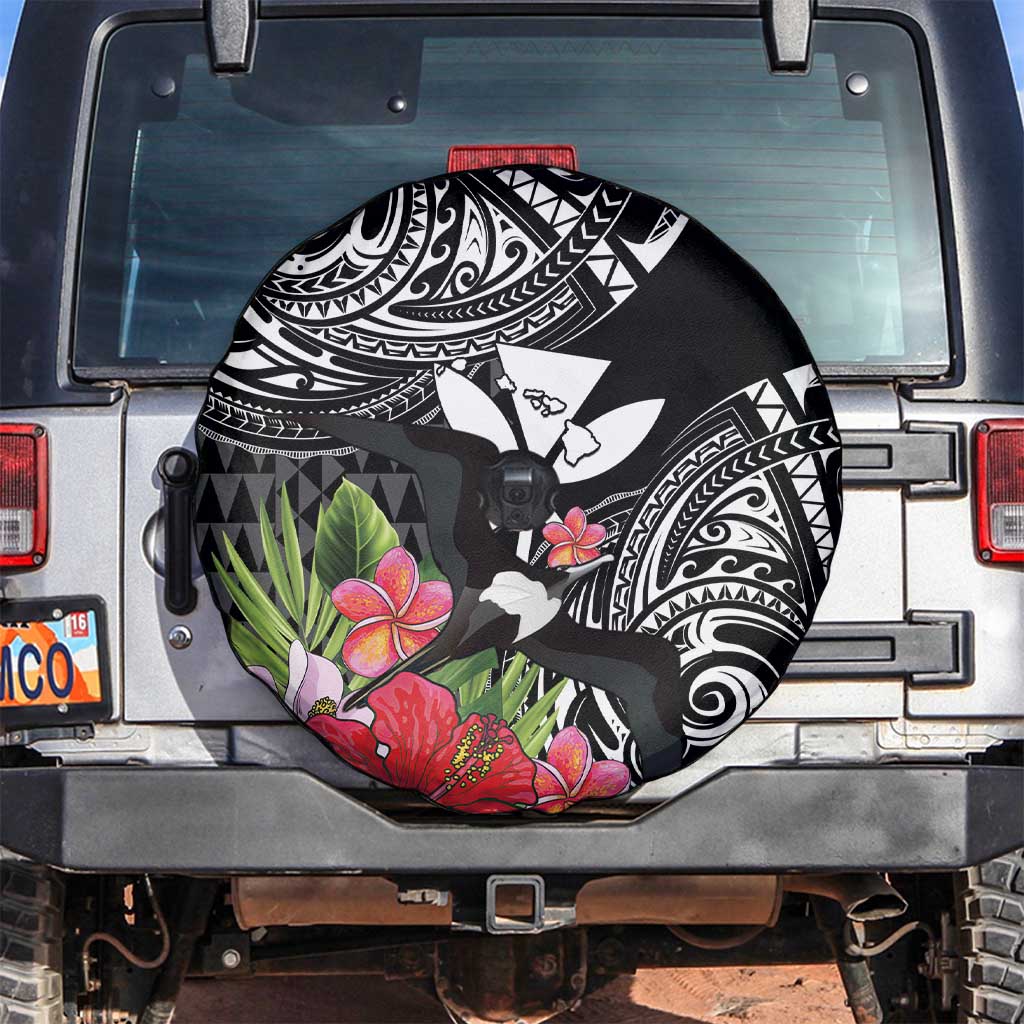 Hawaii Iwa Bird Spare Tire Cover Great Frigatebird Kanaka Tropical Flowers LT14 Black - Polynesian Pride