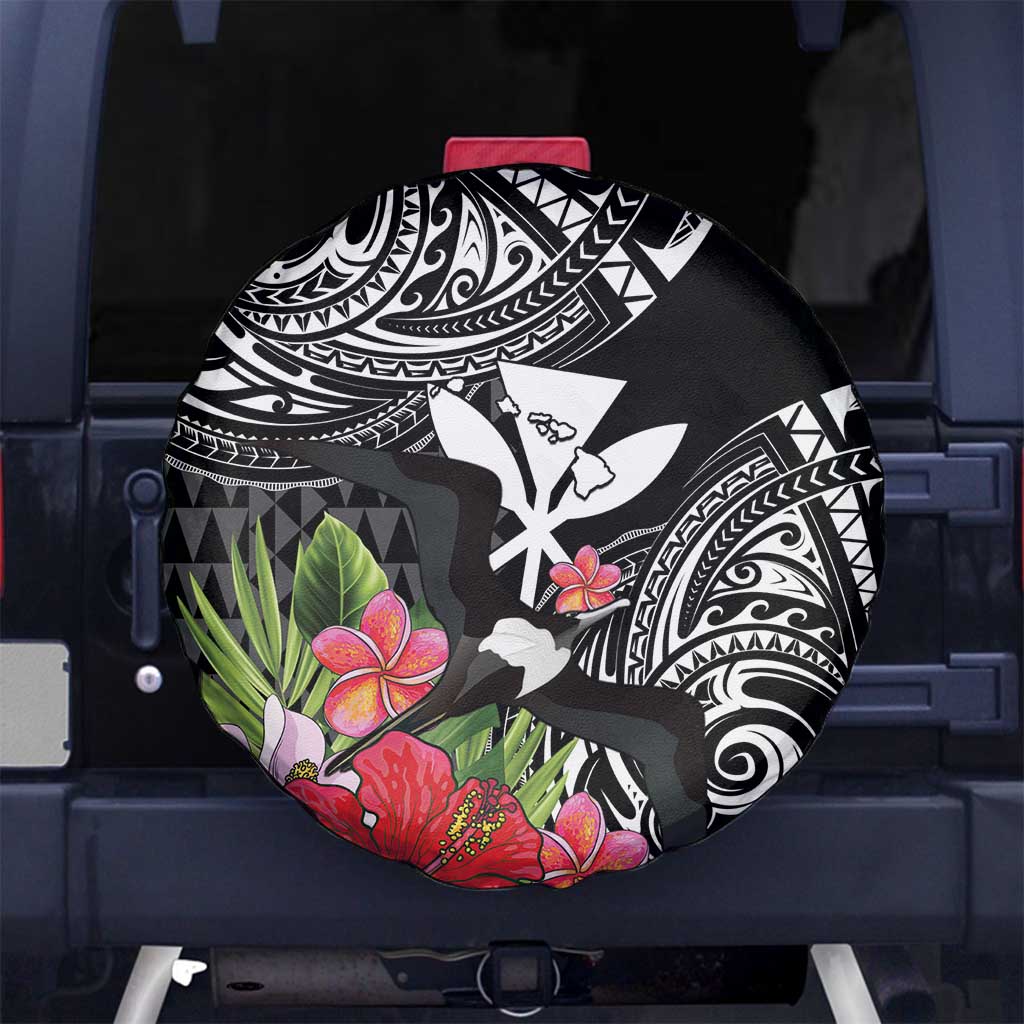 Hawaii Iwa Bird Spare Tire Cover Great Frigatebird Kanaka Tropical Flowers LT14 No hole Black - Polynesian Pride
