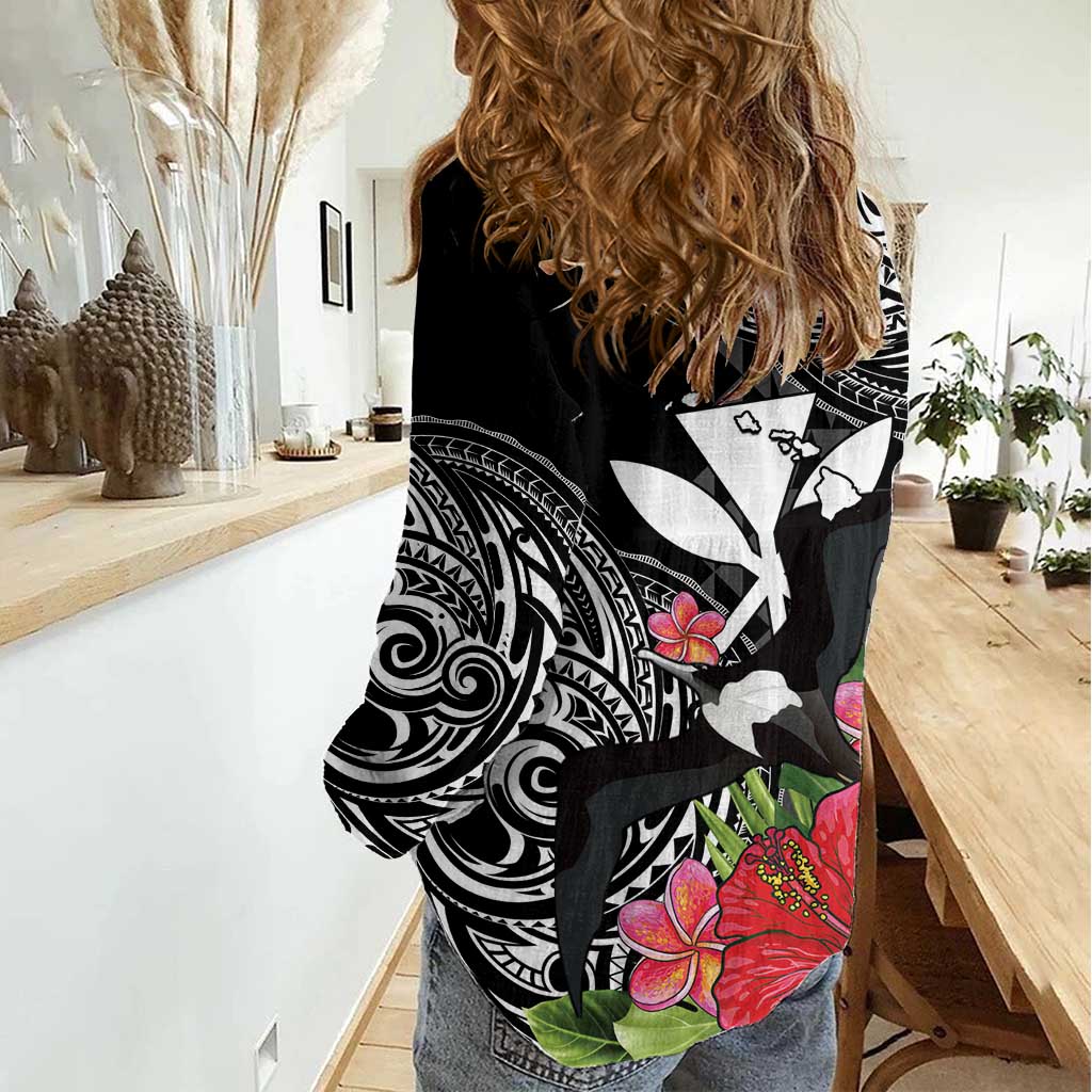 Hawaii Iwa Bird Women Casual Shirt Great Frigatebird Kanaka Tropical Flowers LT14 - Polynesian Pride