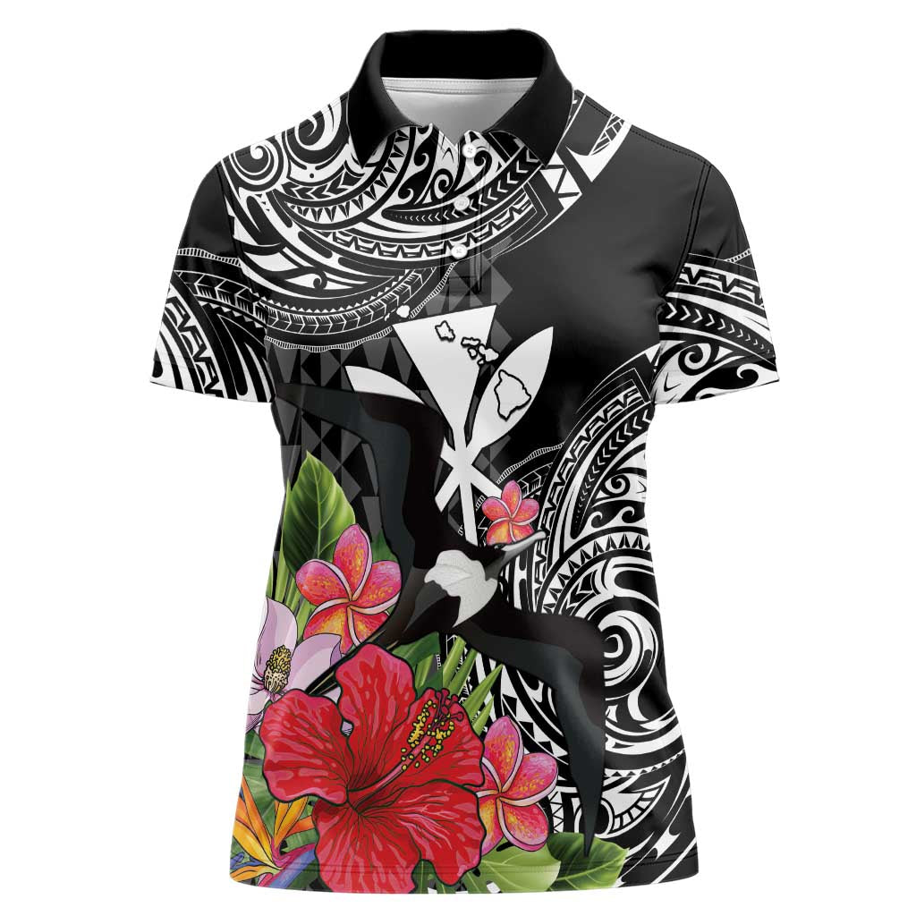 Hawaii Iwa Bird Women Polo Shirt Great Frigatebird Kanaka Tropical Flowers LT14 Female Black - Polynesian Pride
