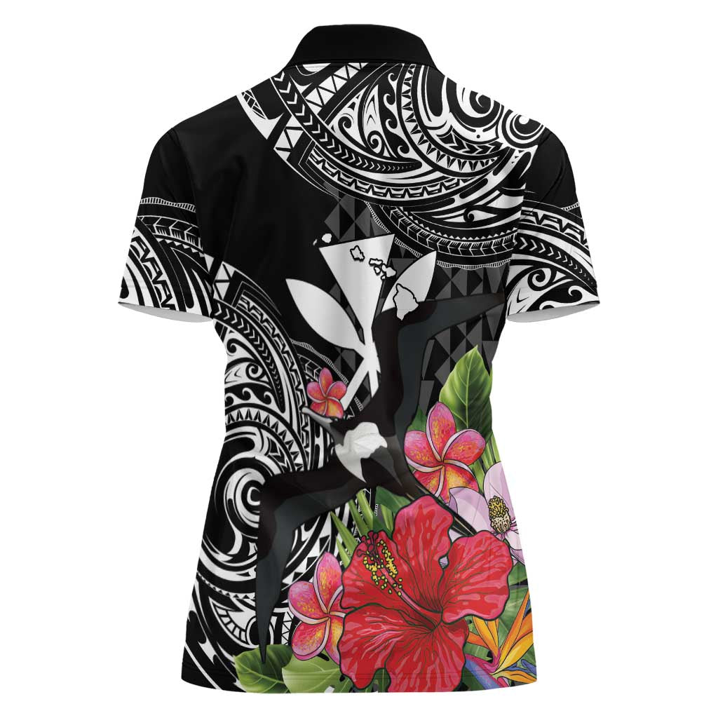 Hawaii Iwa Bird Women Polo Shirt Great Frigatebird Kanaka Tropical Flowers LT14 - Polynesian Pride