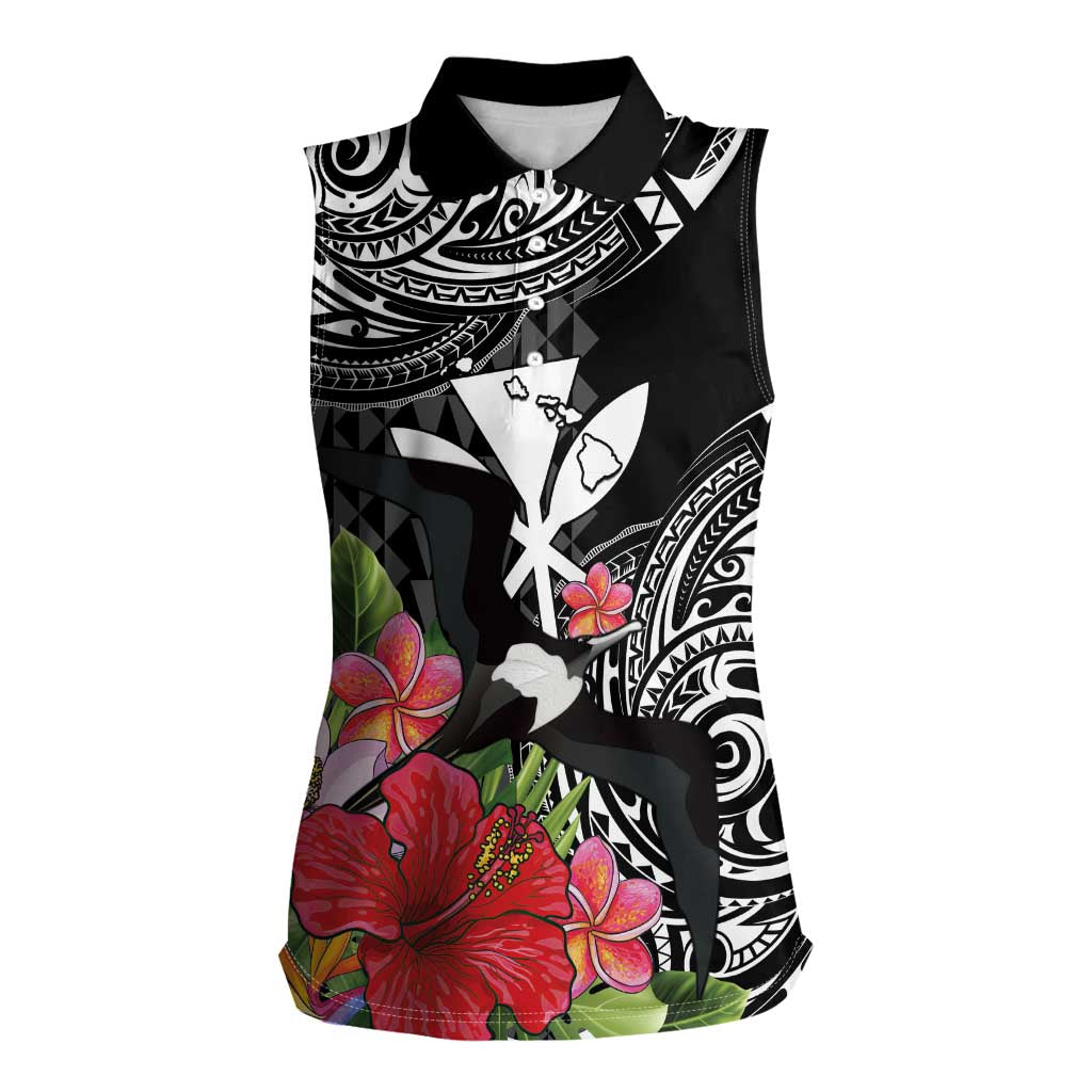 Hawaii Iwa Bird Women Sleeveless Polo Shirt Great Frigatebird Kanaka Tropical Flowers LT14 Female Black - Polynesian Pride