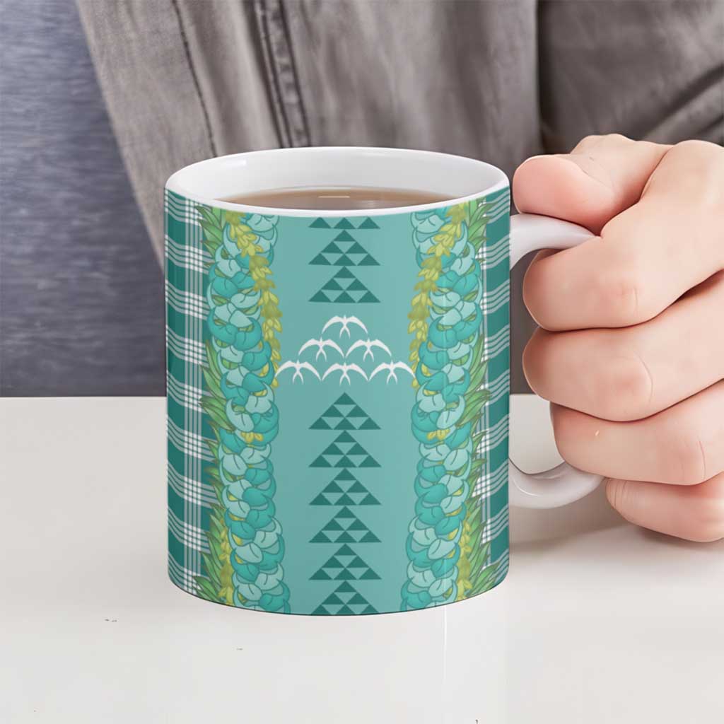 Teal Palaka Hawaii Iwa Bird Ceramic Mug Hawaiian Kakau Jade Vine Lei - Polynesian Pride