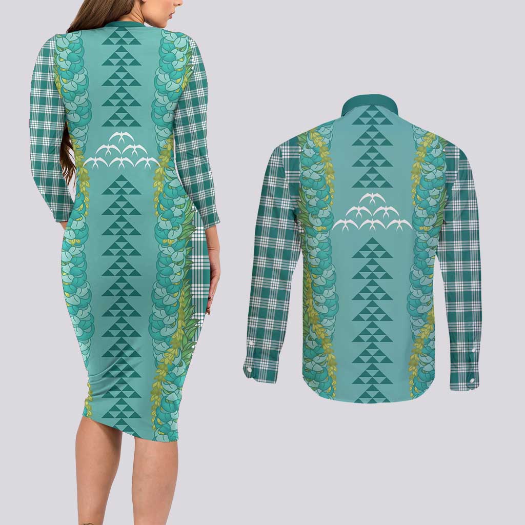 Teal Palaka Hawaii Iwa Bird Couples Matching Long Sleeve Bodycon Dress and Long Sleeve Button Shirt Hawaiian Kakau Jade Vine Lei LT14 - Polynesian Pride