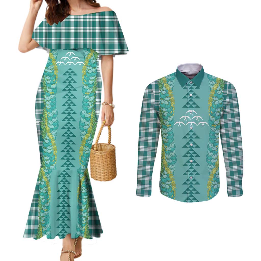 Teal Palaka Hawaii Iwa Bird Couples Matching Mermaid Dress and Long Sleeve Button Shirt Hawaiian Kakau Jade Vine Lei LT14 Teal - Polynesian Pride