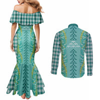 Teal Palaka Hawaii Iwa Bird Couples Matching Mermaid Dress and Long Sleeve Button Shirt Hawaiian Kakau Jade Vine Lei LT14 - Polynesian Pride
