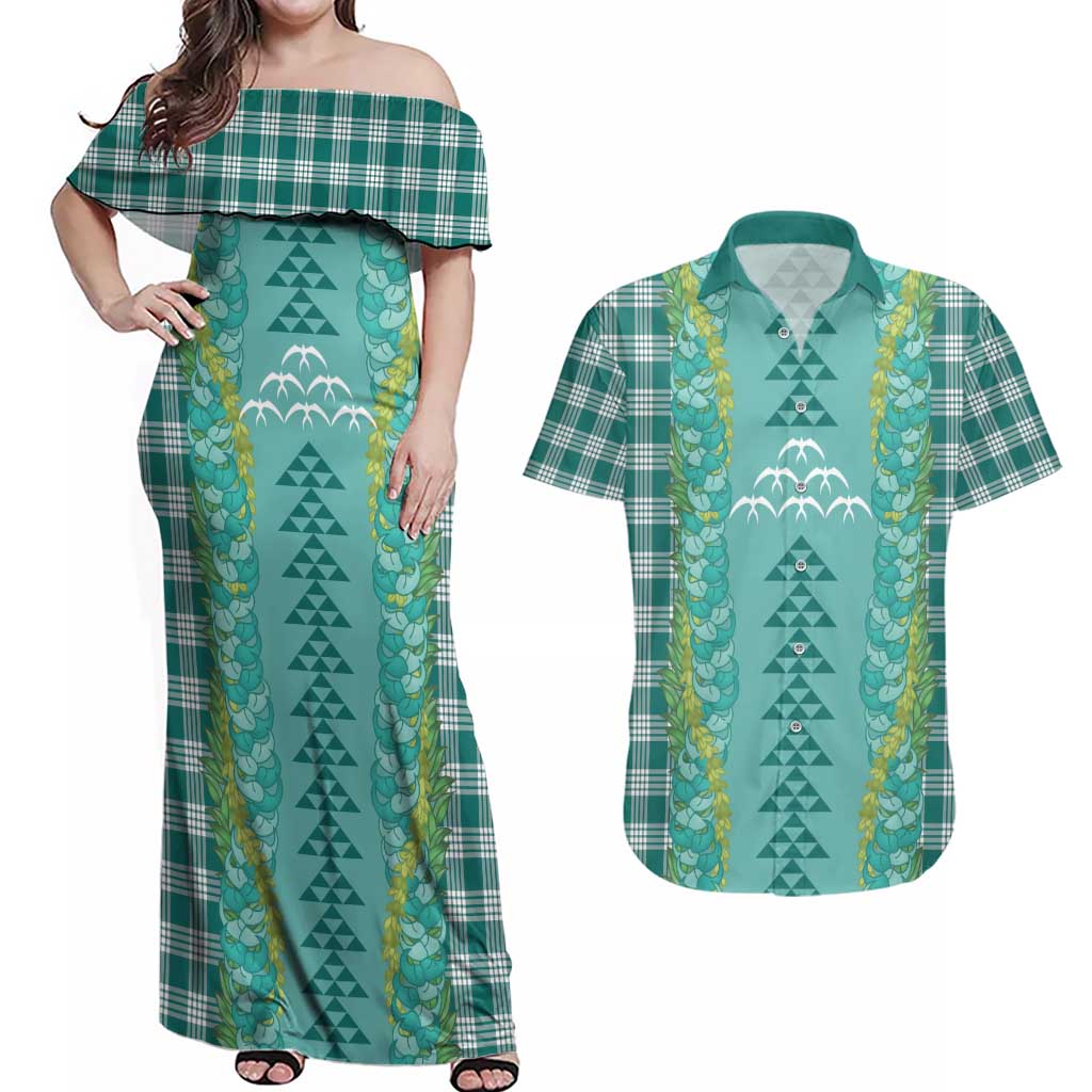 Teal Palaka Hawaii Iwa Bird Couples Matching Off Shoulder Maxi Dress and Hawaiian Shirt Hawaiian Kakau Jade Vine Lei - Polynesian Pride