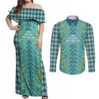 Teal Palaka Hawaii Iwa Bird Couples Matching Off Shoulder Maxi Dress and Long Sleeve Button Shirt Hawaiian Kakau Jade Vine Lei LT14 Teal - Polynesian Pride