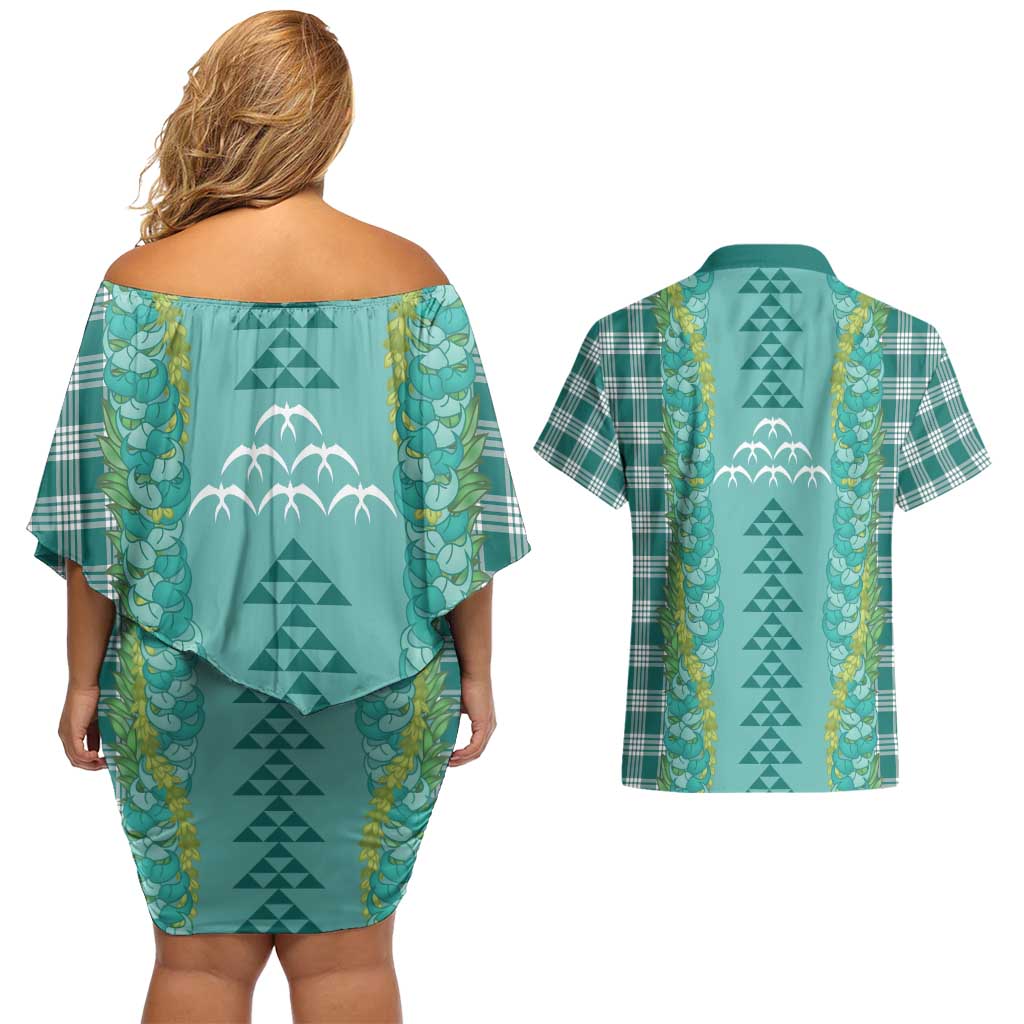 Teal Palaka Hawaii Iwa Bird Couples Matching Off Shoulder Short Dress and Hawaiian Shirt Hawaiian Kakau Jade Vine Lei LT14 - Polynesian Pride