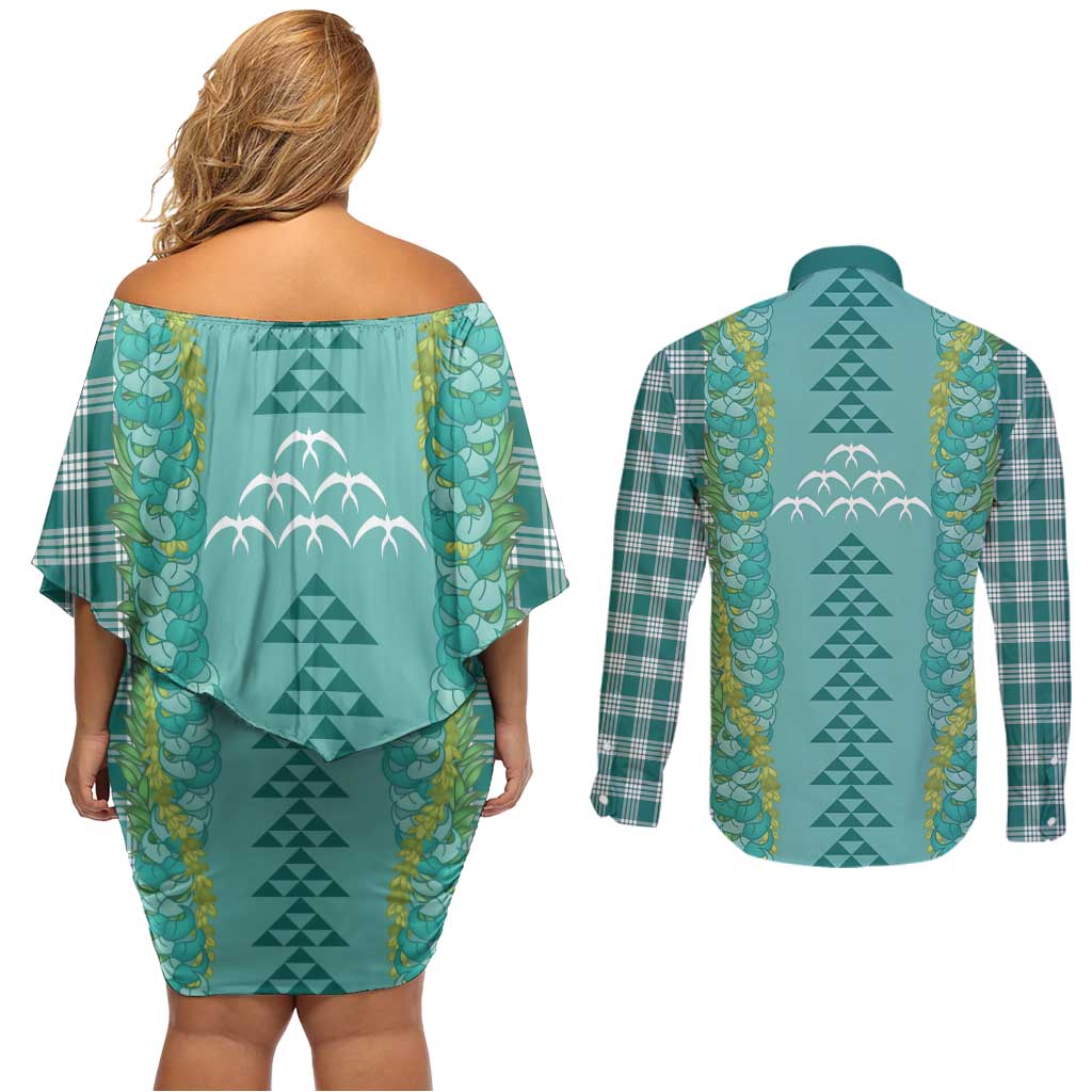Teal Palaka Hawaii Iwa Bird Couples Matching Off Shoulder Short Dress and Long Sleeve Button Shirt Hawaiian Kakau Jade Vine Lei LT14 - Polynesian Pride