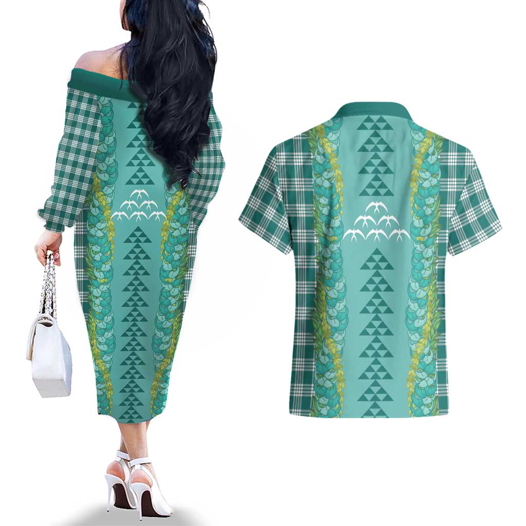 Teal Palaka Hawaii Iwa Bird Couples Matching Off The Shoulder Long Sleeve Dress and Hawaiian Shirt Hawaiian Kakau Jade Vine Lei LT14 - Polynesian Pride