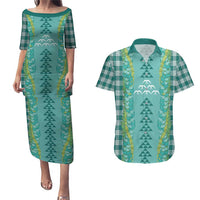 Teal Palaka Hawaii Iwa Bird Couples Matching Puletasi and Hawaiian Shirt Hawaiian Kakau Jade Vine Lei LT14 Teal - Polynesian Pride