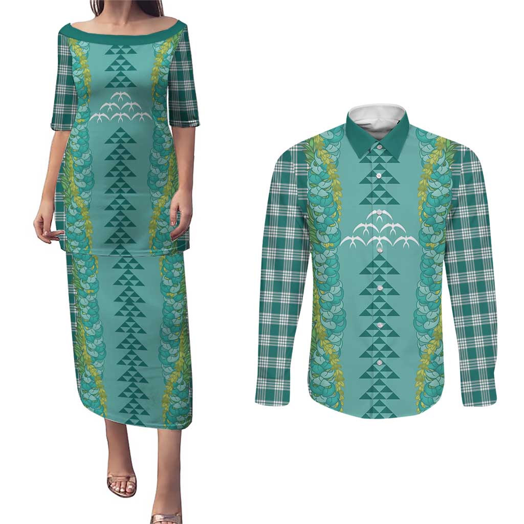 Teal Palaka Hawaii Iwa Bird Couples Matching Puletasi and Long Sleeve Button Shirt Hawaiian Kakau Jade Vine Lei LT14 Teal - Polynesian Pride