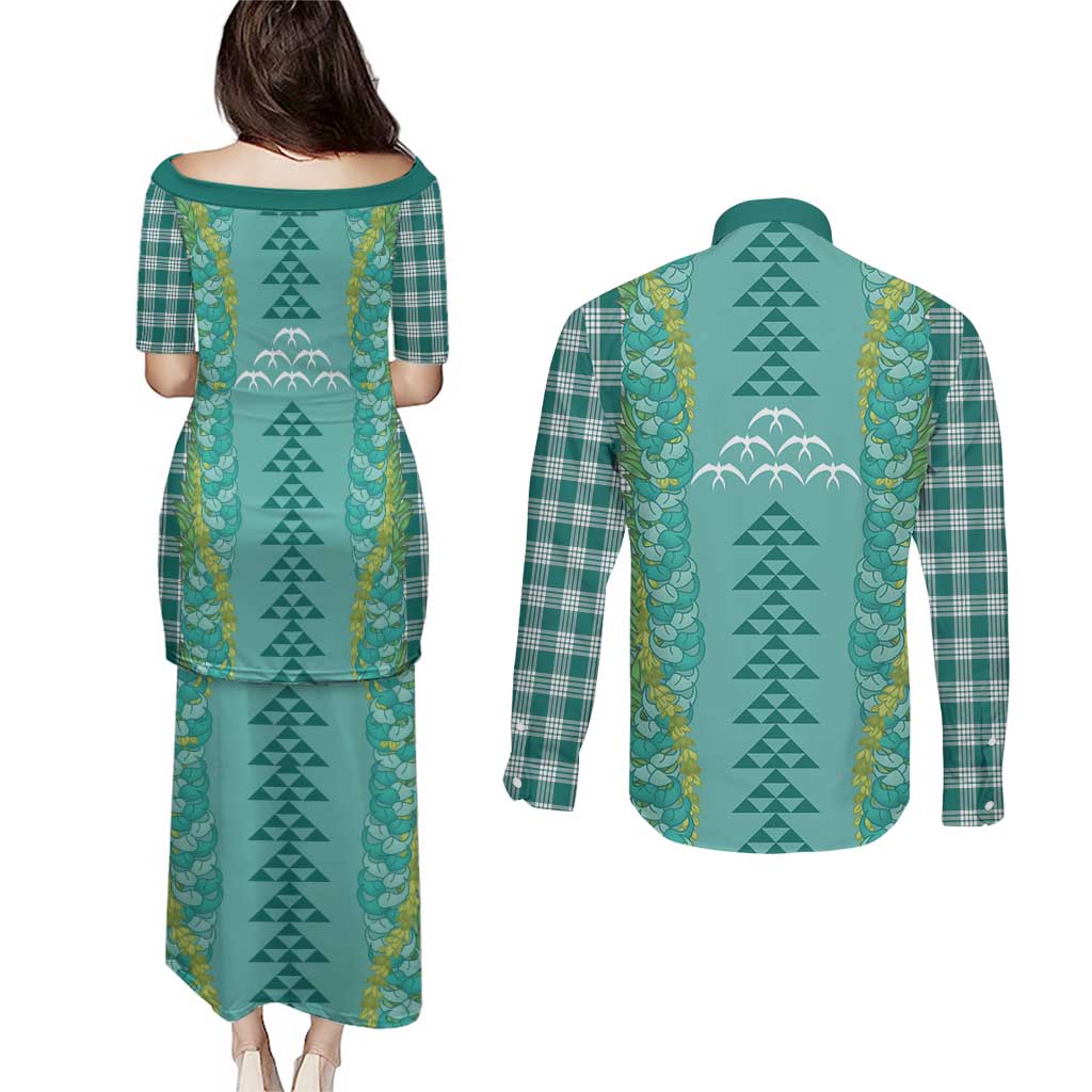 Teal Palaka Hawaii Iwa Bird Couples Matching Puletasi and Long Sleeve Button Shirt Hawaiian Kakau Jade Vine Lei LT14 - Polynesian Pride