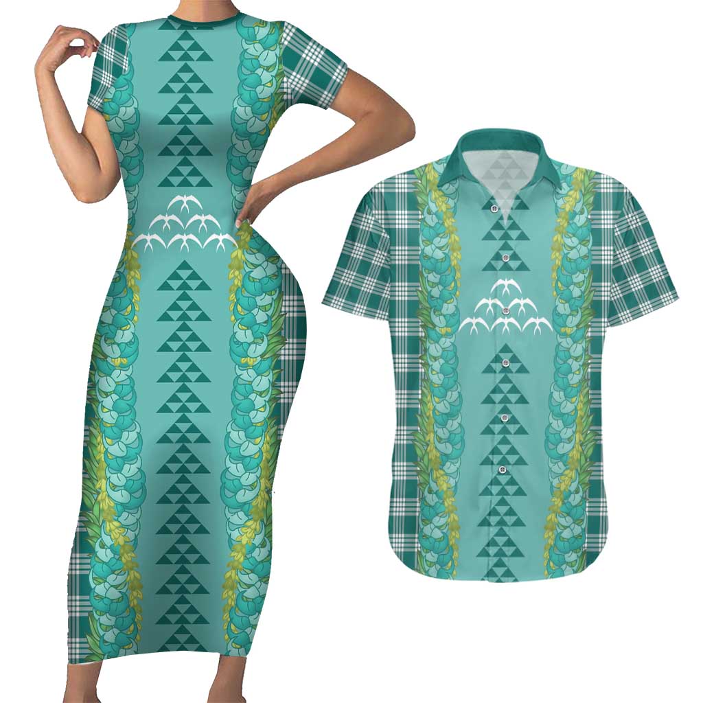 Teal Palaka Hawaii Iwa Bird Couples Matching Short Sleeve Bodycon Dress and Hawaiian Shirt Hawaiian Kakau Jade Vine Lei LT14 Teal - Polynesian Pride