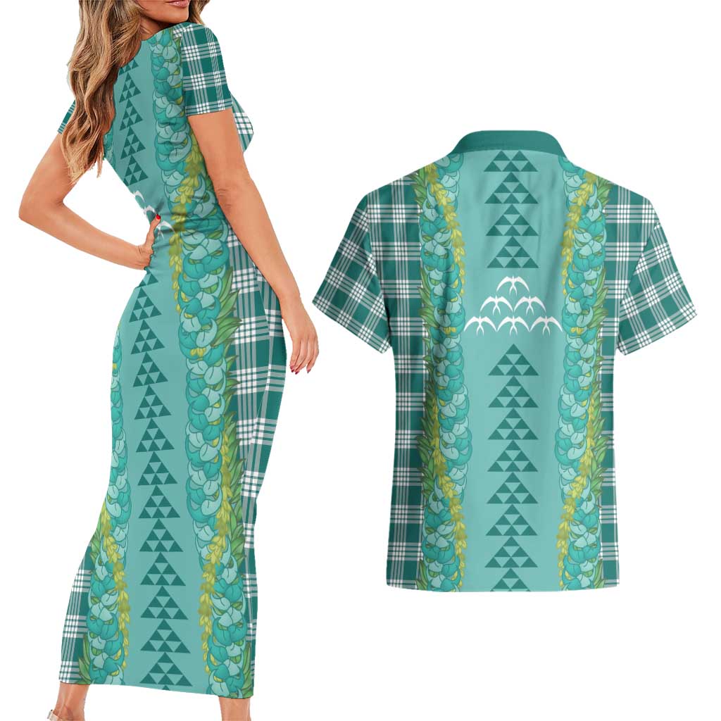 Teal Palaka Hawaii Iwa Bird Couples Matching Short Sleeve Bodycon Dress and Hawaiian Shirt Hawaiian Kakau Jade Vine Lei LT14 - Polynesian Pride