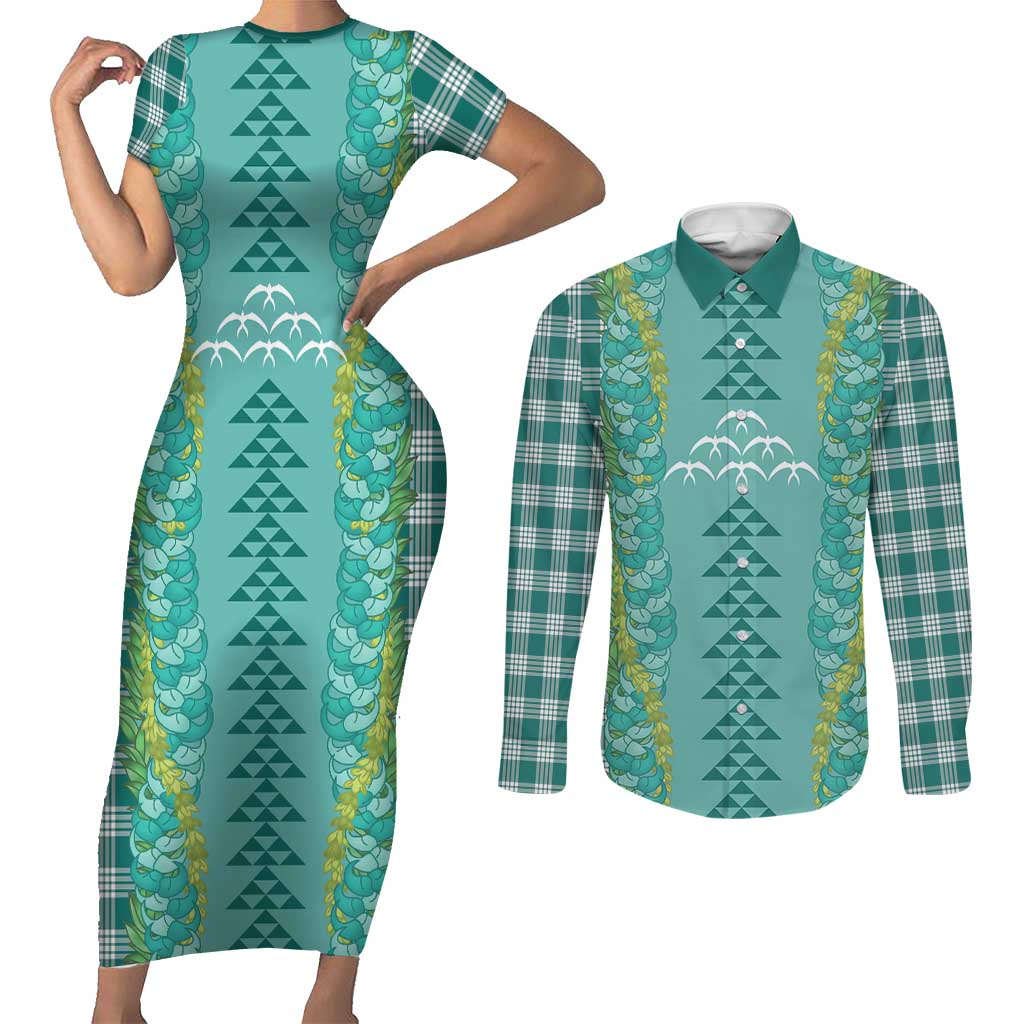 Teal Palaka Hawaii Iwa Bird Couples Matching Short Sleeve Bodycon Dress and Long Sleeve Button Shirt Hawaiian Kakau Jade Vine Lei - Polynesian Pride