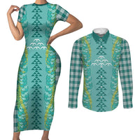 Teal Palaka Hawaii Iwa Bird Couples Matching Short Sleeve Bodycon Dress and Long Sleeve Button Shirt Hawaiian Kakau Jade Vine Lei LT14 Teal - Polynesian Pride