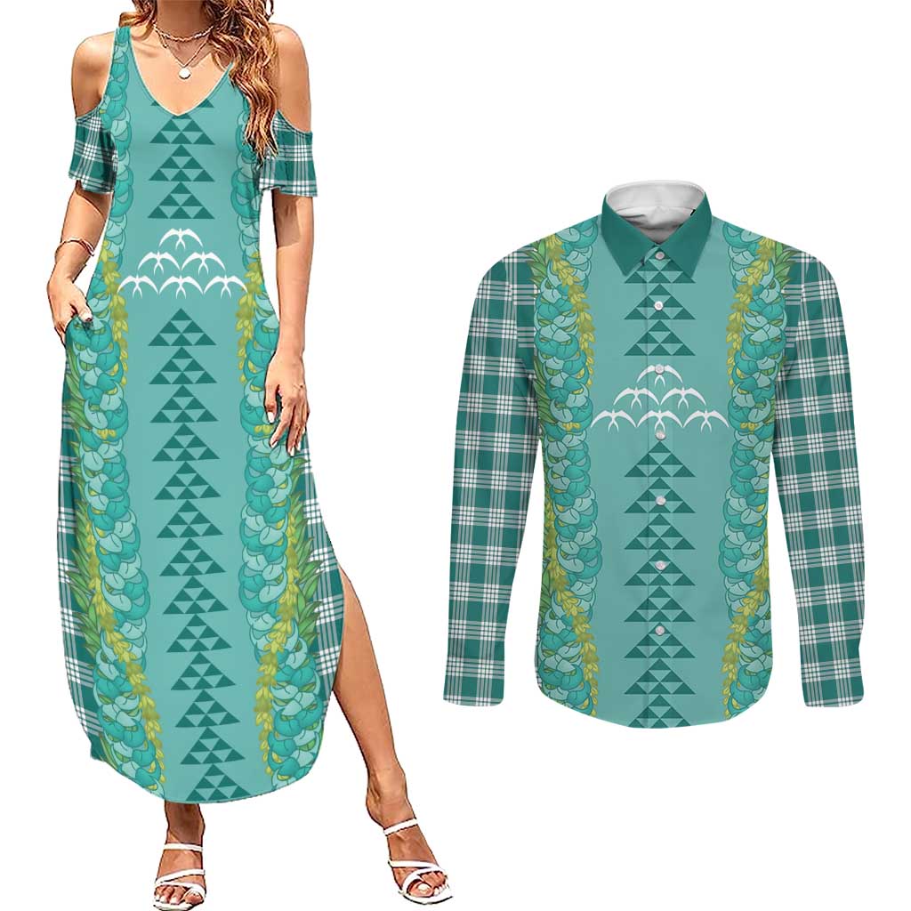 Teal Palaka Hawaii Iwa Bird Couples Matching Summer Maxi Dress and Long Sleeve Button Shirt Hawaiian Kakau Jade Vine Lei LT14 Teal - Polynesian Pride
