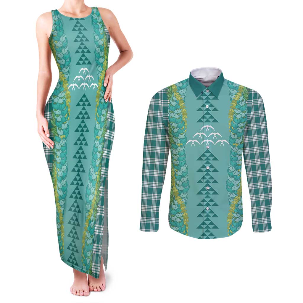 Teal Palaka Hawaii Iwa Bird Couples Matching Tank Maxi Dress and Long Sleeve Button Shirt Hawaiian Kakau Jade Vine Lei - Polynesian Pride
