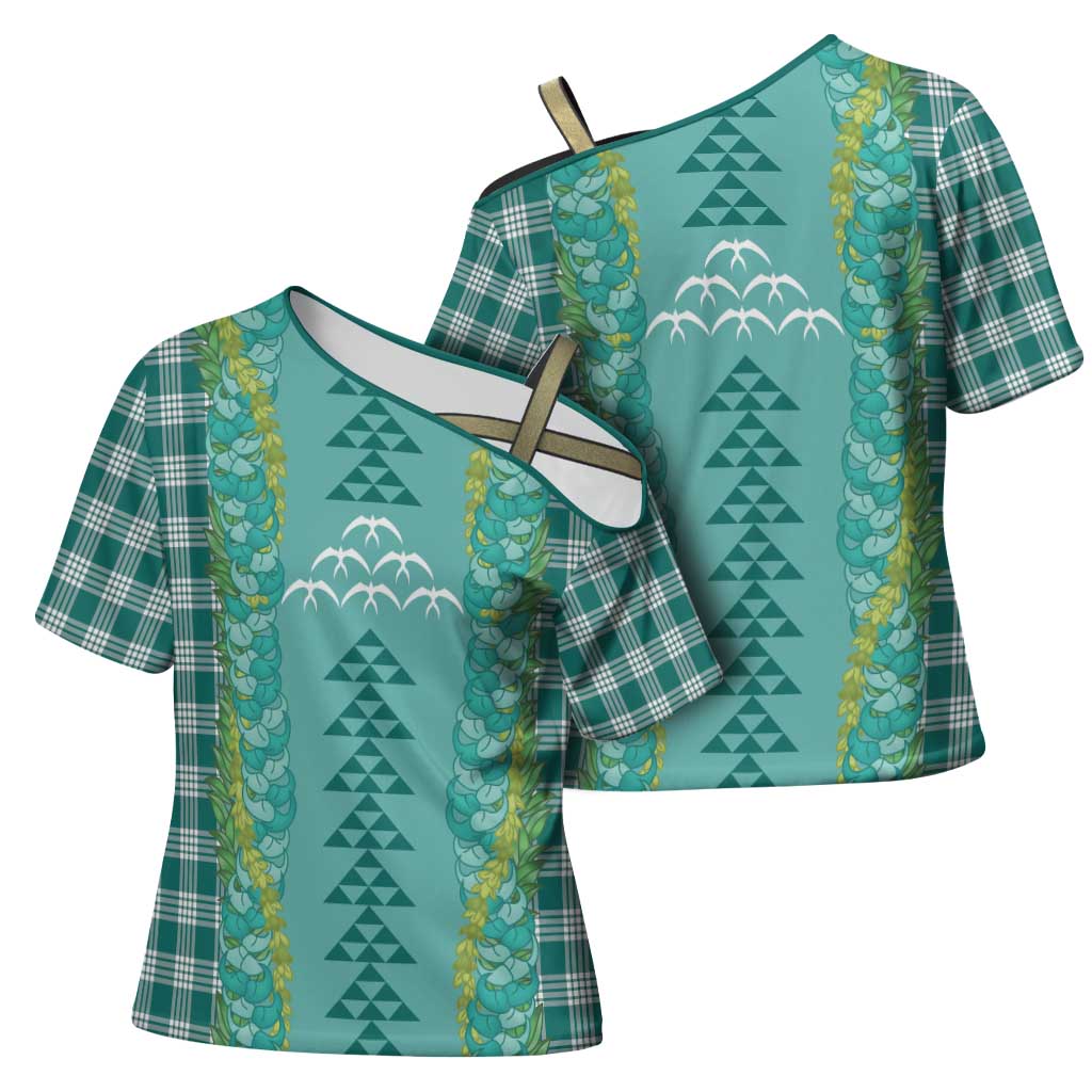 Teal Palaka Hawaii Iwa Bird Cross Shoulder Shirt Hawaiian Kakau Jade Vine Lei - Polynesian Pride