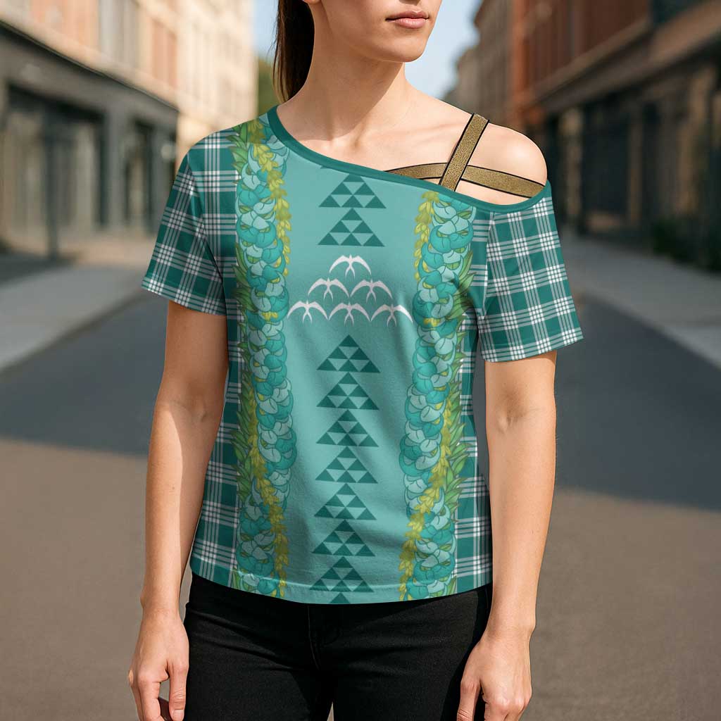 Teal Palaka Hawaii Iwa Bird Cross Shoulder Shirt Hawaiian Kakau Jade Vine Lei - Polynesian Pride