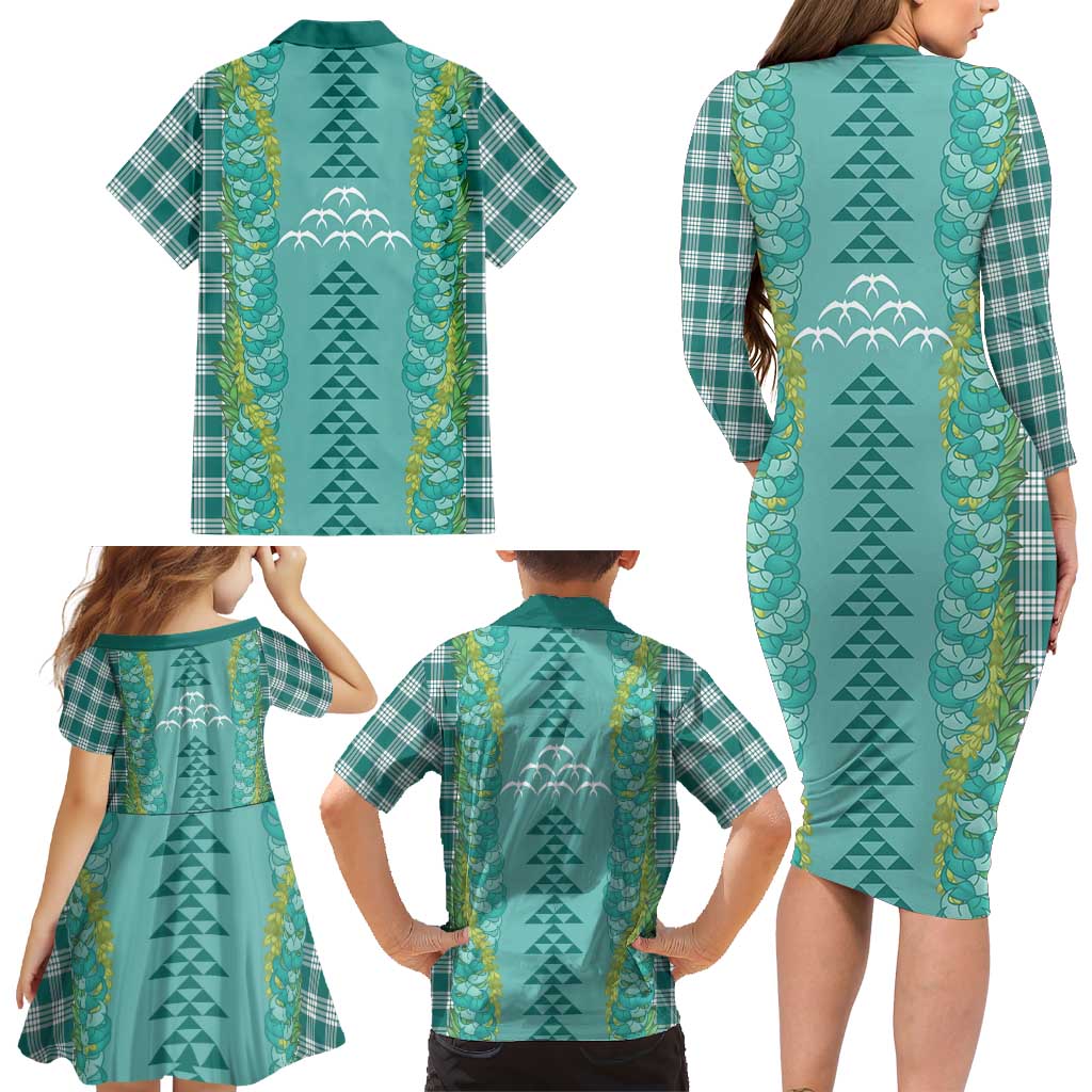 Teal Palaka Hawaii Iwa Bird Family Matching Long Sleeve Bodycon Dress and Hawaiian Shirt Hawaiian Kakau Jade Vine Lei LT14 - Polynesian Pride