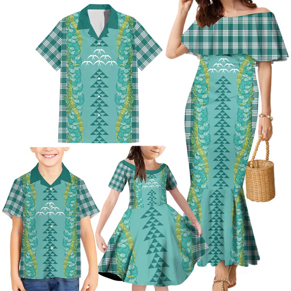 Teal Palaka Hawaii Iwa Bird Family Matching Mermaid Dress and Hawaiian Shirt Hawaiian Kakau Jade Vine Lei LT14 - Polynesian Pride