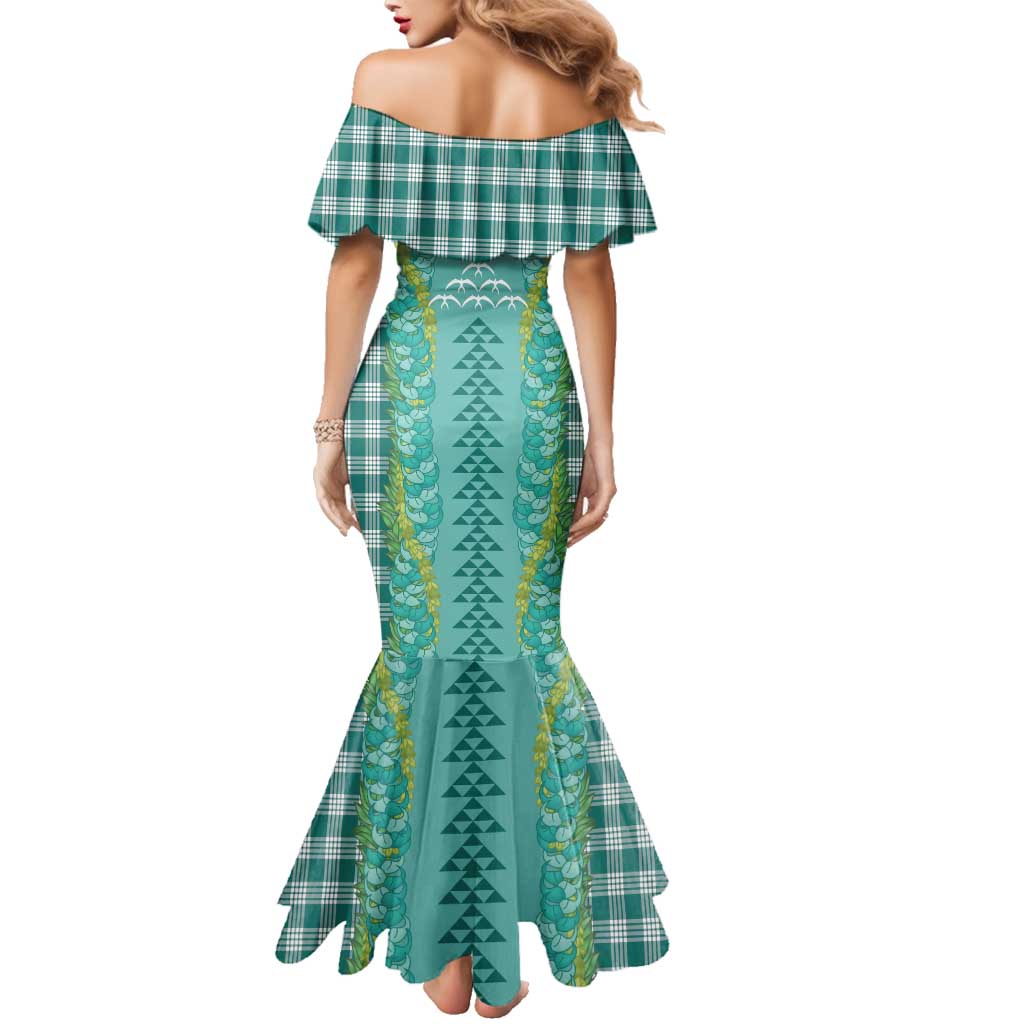Teal Palaka Hawaii Iwa Bird Family Matching Mermaid Dress and Hawaiian Shirt Hawaiian Kakau Jade Vine Lei LT14 - Polynesian Pride