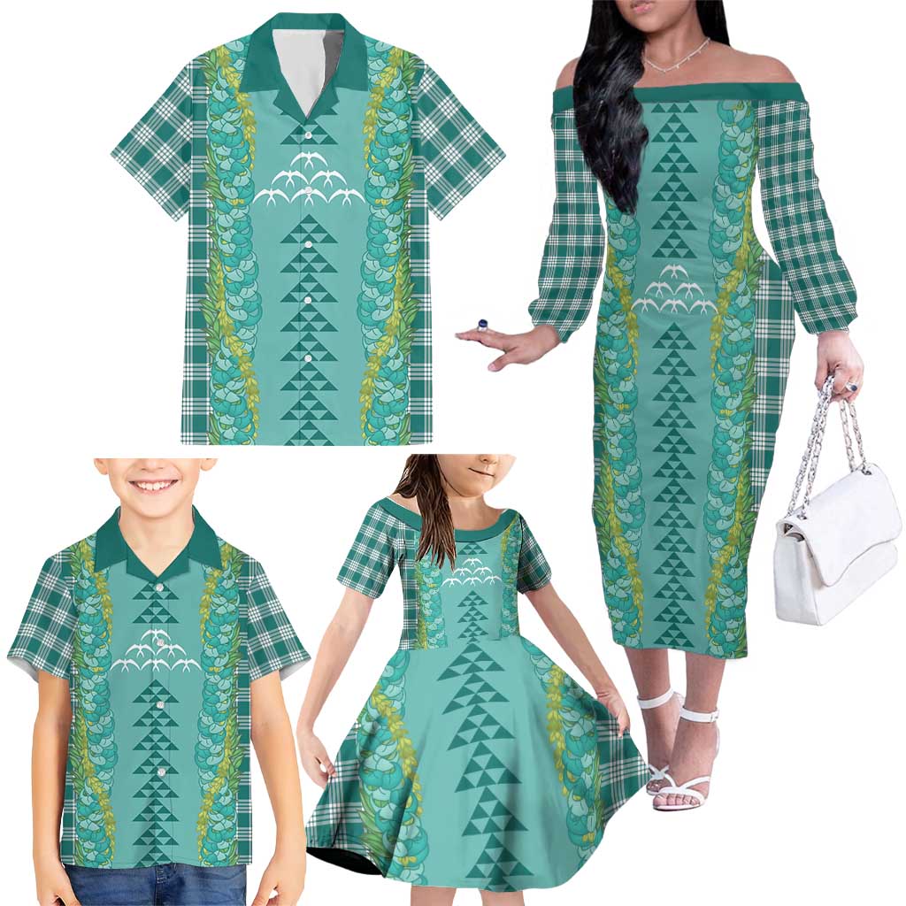 Teal Palaka Hawaii Iwa Bird Family Matching Off The Shoulder Long Sleeve Dress and Hawaiian Shirt Hawaiian Kakau Jade Vine Lei - Polynesian Pride