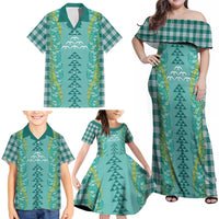 Teal Palaka Hawaii Iwa Bird Family Matching Off Shoulder Maxi Dress and Hawaiian Shirt Hawaiian Kakau Jade Vine Lei LT14 - Polynesian Pride