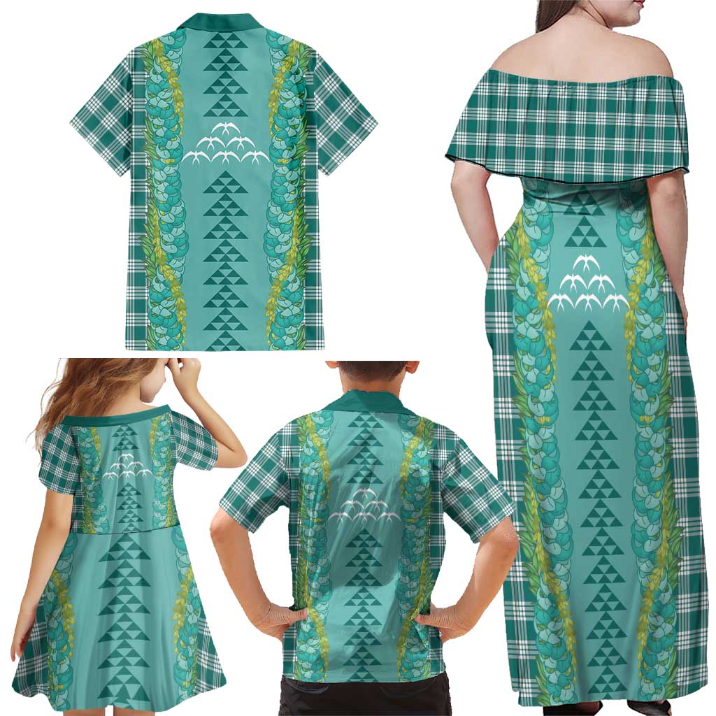 Teal Palaka Hawaii Iwa Bird Family Matching Off Shoulder Maxi Dress and Hawaiian Shirt Hawaiian Kakau Jade Vine Lei LT14 - Polynesian Pride