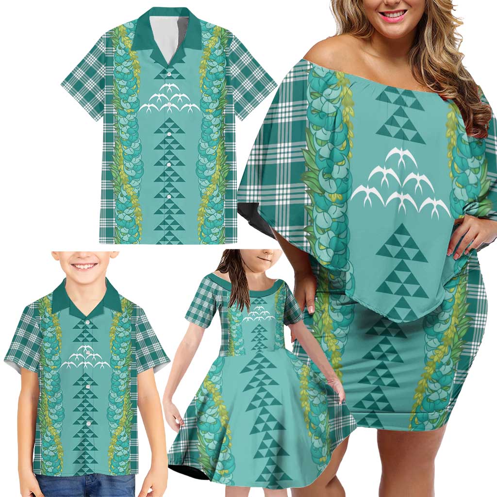 Teal Palaka Hawaii Iwa Bird Family Matching Off Shoulder Short Dress and Hawaiian Shirt Hawaiian Kakau Jade Vine Lei LT14 - Polynesian Pride