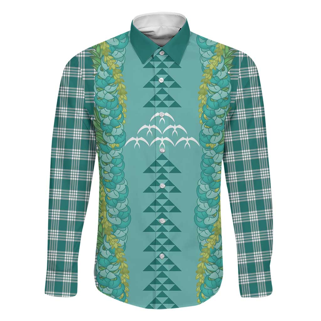 Teal Palaka Hawaii Iwa Bird Family Matching Off Shoulder Short Dress and Hawaiian Shirt Hawaiian Kakau Jade Vine Lei LT14 Dad's Shirt - Long Sleeve Teal - Polynesian Pride