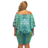Teal Palaka Hawaii Iwa Bird Family Matching Off Shoulder Short Dress and Hawaiian Shirt Hawaiian Kakau Jade Vine Lei LT14 - Polynesian Pride