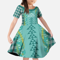 Teal Palaka Hawaii Iwa Bird Family Matching Puletasi and Hawaiian Shirt Hawaiian Kakau Jade Vine Lei LT14 Daughter's Dress Teal - Polynesian Pride