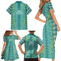 Teal Palaka Hawaii Iwa Bird Family Matching Short Sleeve Bodycon Dress and Hawaiian Shirt Hawaiian Kakau Jade Vine Lei LT14 - Polynesian Pride