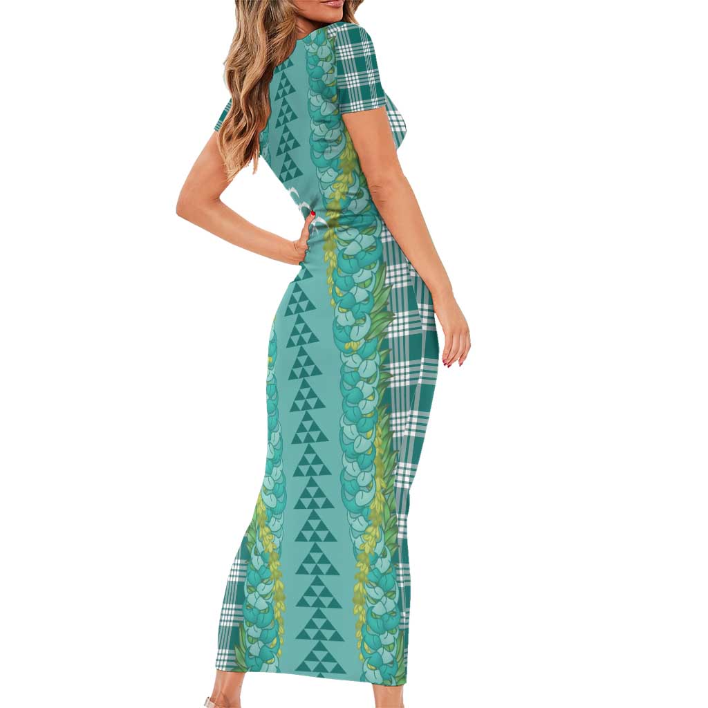 Teal Palaka Hawaii Iwa Bird Family Matching Short Sleeve Bodycon Dress and Hawaiian Shirt Hawaiian Kakau Jade Vine Lei LT14 - Polynesian Pride