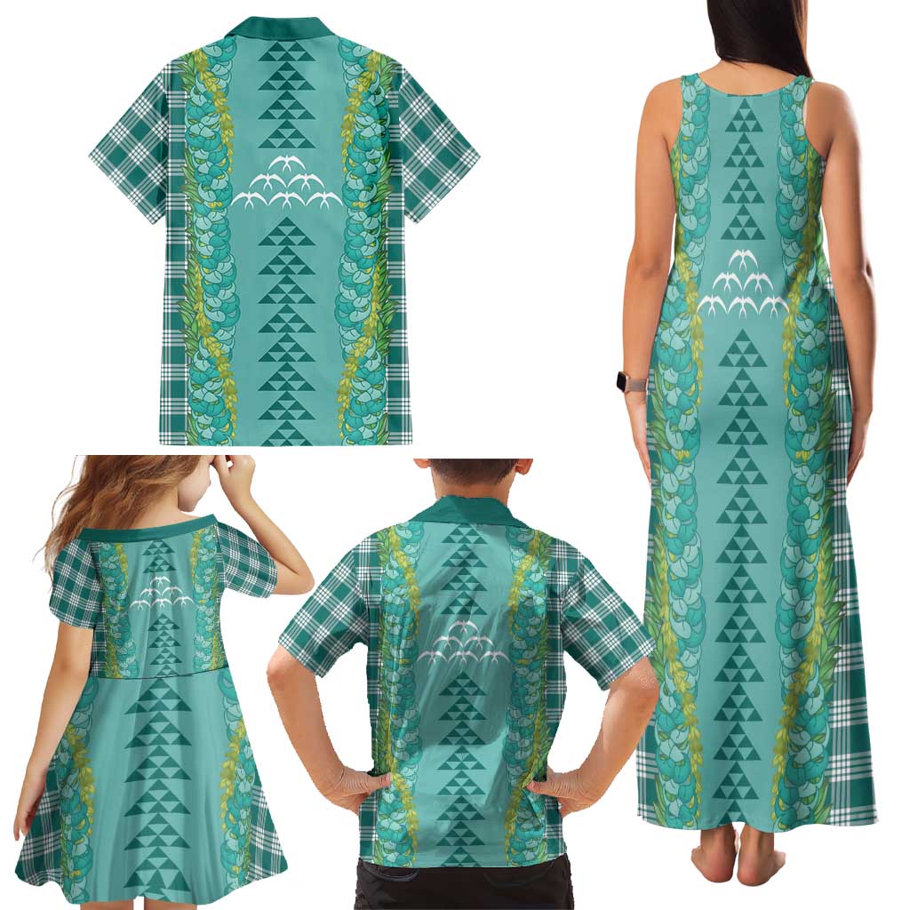 Teal Palaka Hawaii Iwa Bird Family Matching Tank Maxi Dress and Hawaiian Shirt Hawaiian Kakau Jade Vine Lei LT14 - Polynesian Pride